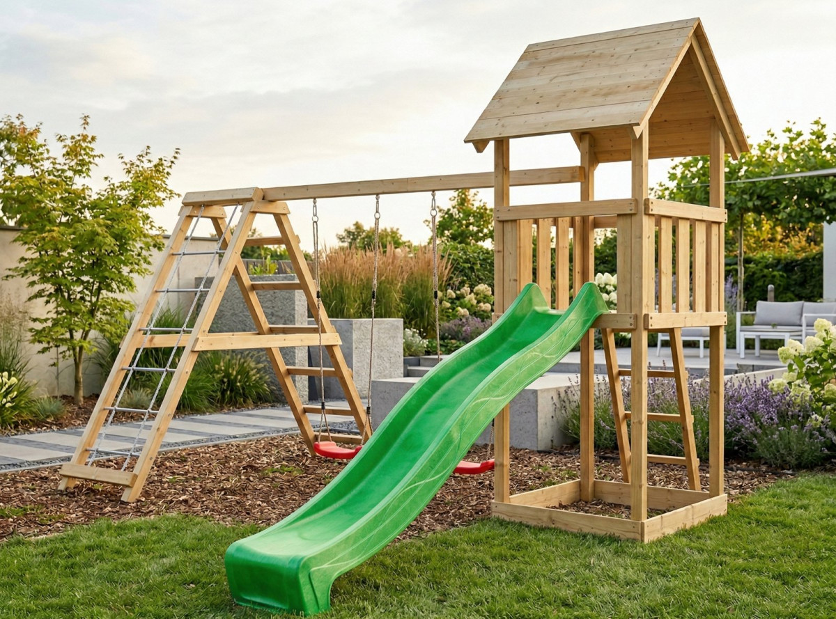 Dětský domek KARIBU LOTTI 89351 + zelená skluzavka + houpačka + žebřík