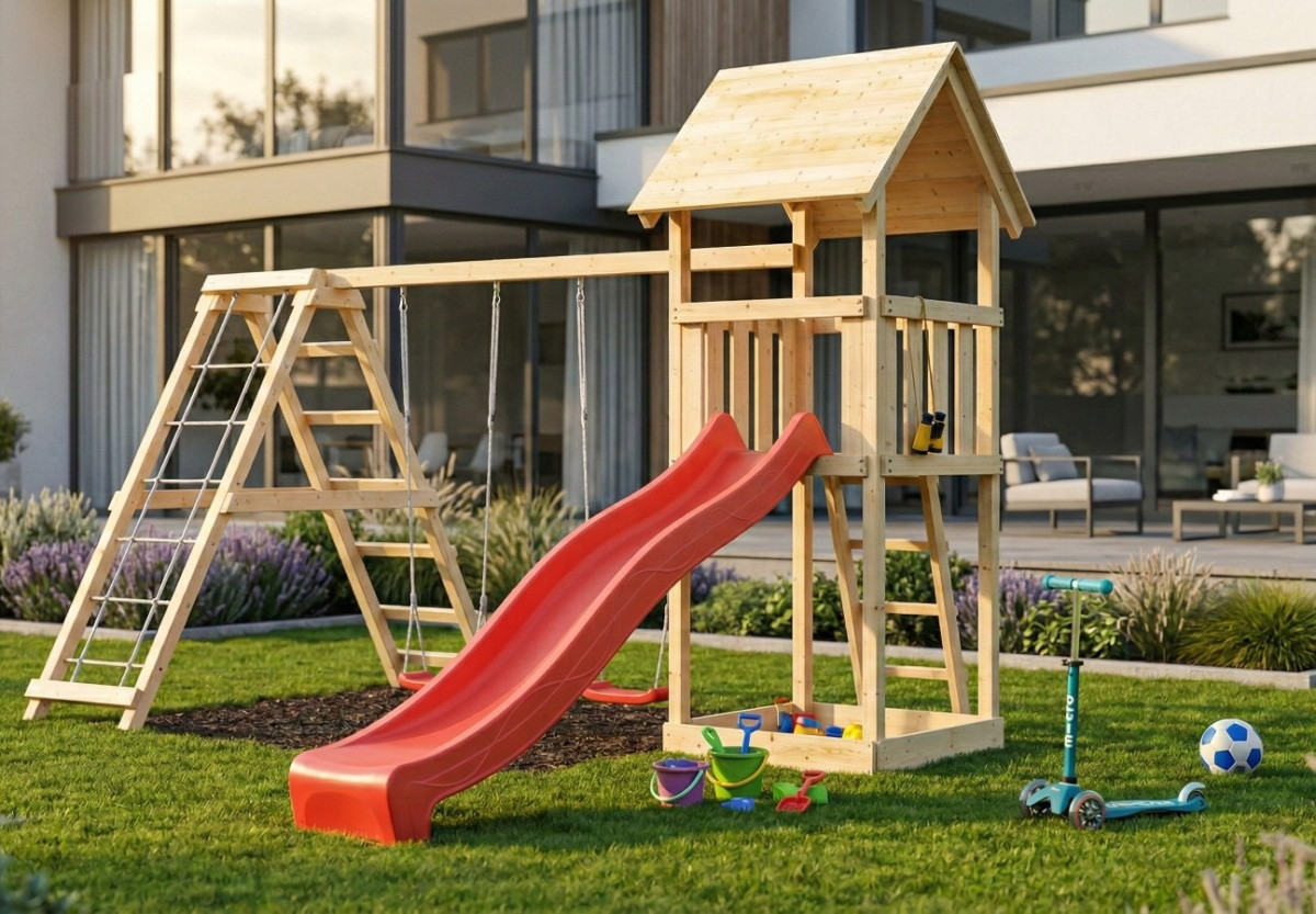 Dětský domek KARIBU LOTTI 89350 + červená skluzavka + houpačka + žebřík
