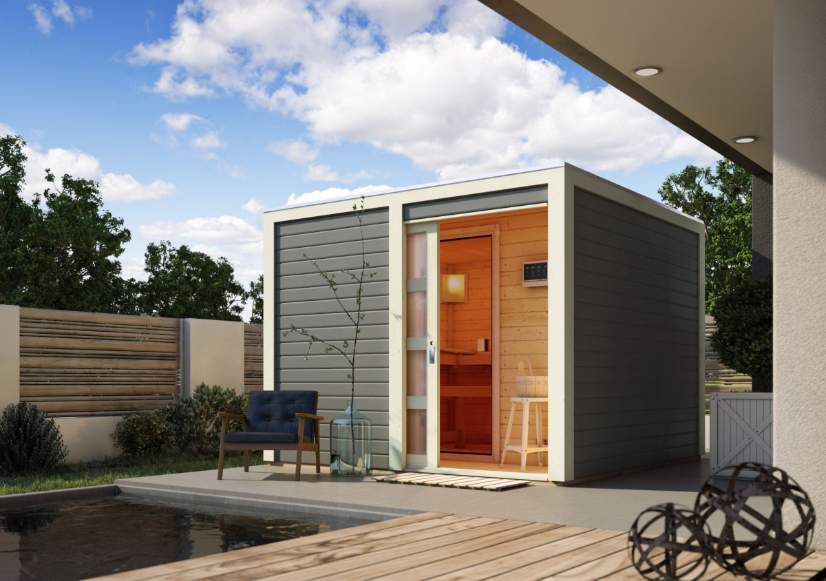Finská sauna KARIBU CUBEN (81132) tm. šedá s předsíní