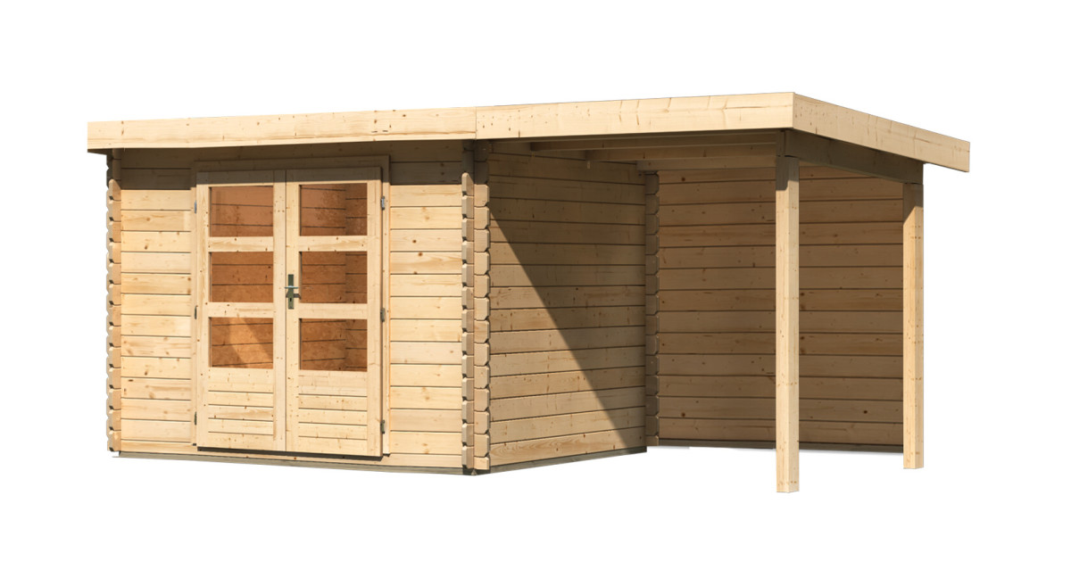 Dřevěný domek KARIBU BASTRUP 3 + přístavek 200 cm včetně zadní stěny (9302) natur LG2840