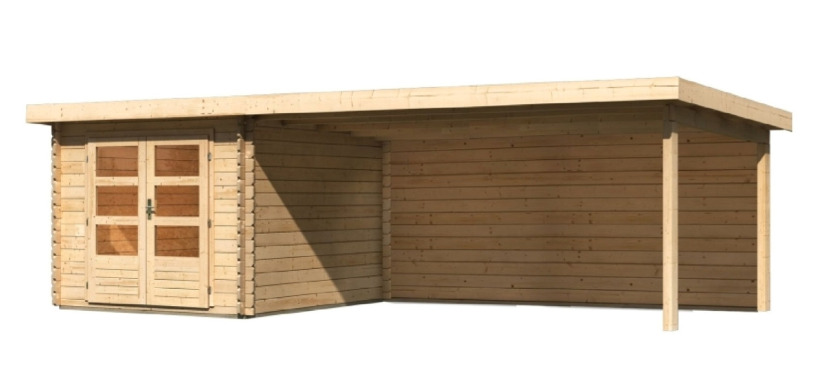Dřevěný domek KARIBU BASTRUP 4 + přístavek 400 cm včetně zadní stěny (9306) natur LG2882