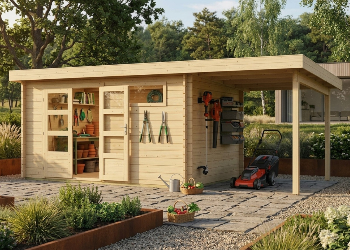 Dřevěný domek KARIBU BASTRUP 8 + přístavek 200cm (78675) natur LG2939