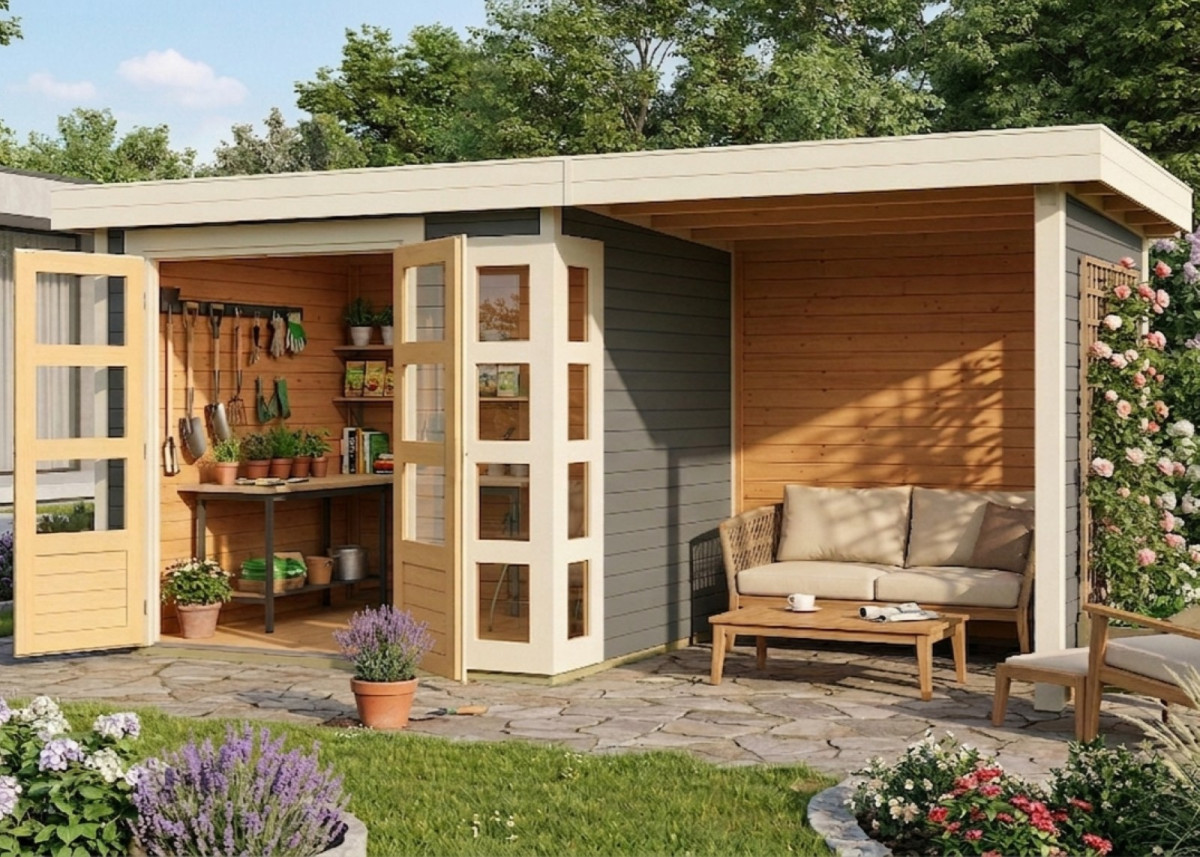 Dřevěný domek KARIBU KERKO 3 + přístavek 240 cm včetně zadní a boční stěny (82935) šedý LG2957