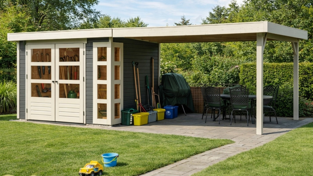 Dřevěný domek KARIBU KERKO 5 + přístavek 280 cm (9203) šedý LG2990