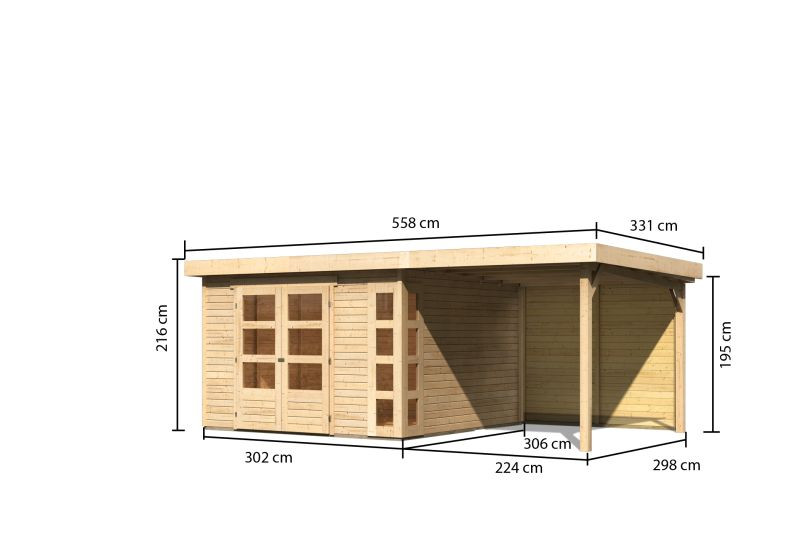 Dřevěný domek KARIBU KERKO 6 + přístavek 240 cm včetně zadní stěny (38733) natur LG2999