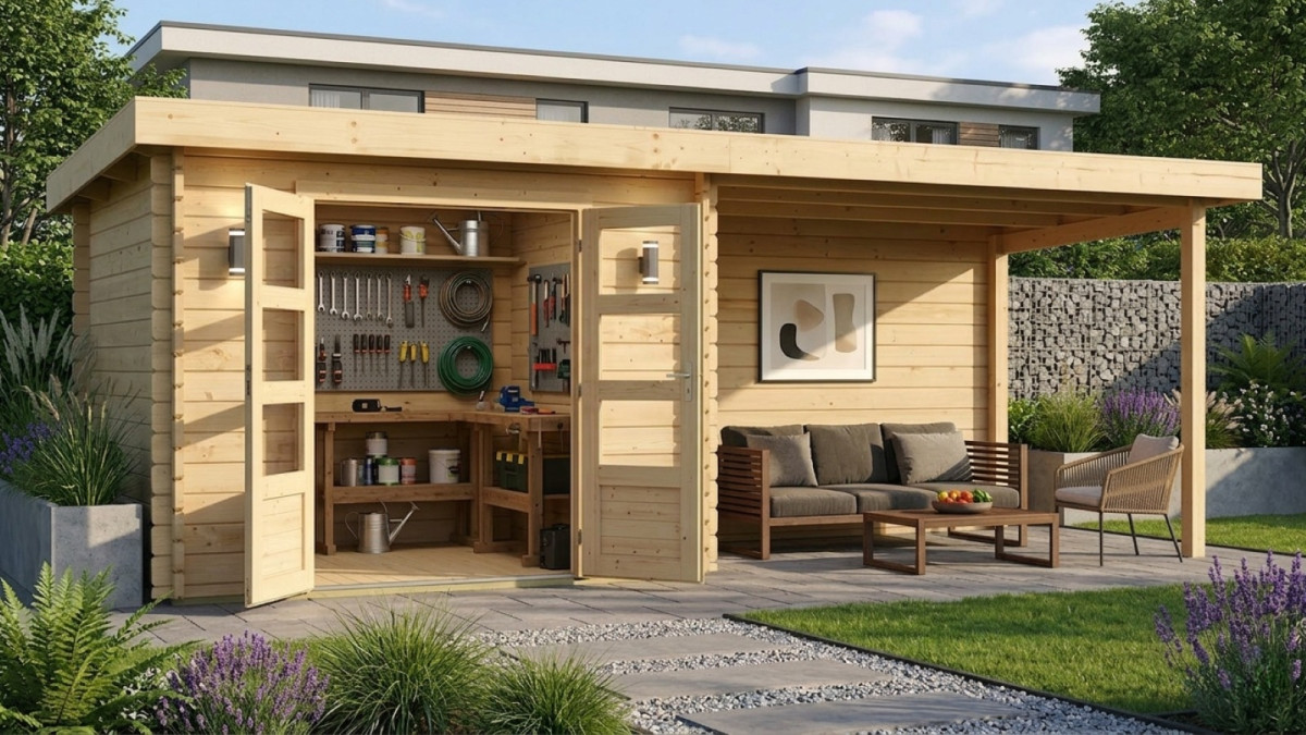 Dřevěný domek KARIBU BASTRUP 5 + přístavek 400 cm včetně zadní stěny (9311) natur LG3020