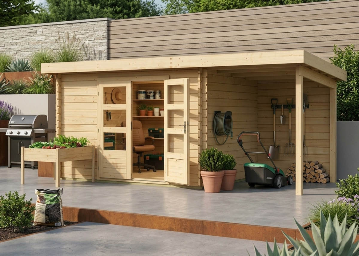 Dřevěný domek KARIBU BASTRUP 7 + přístavek 200 cm včetně zadní stěny (9313) natur LG3022