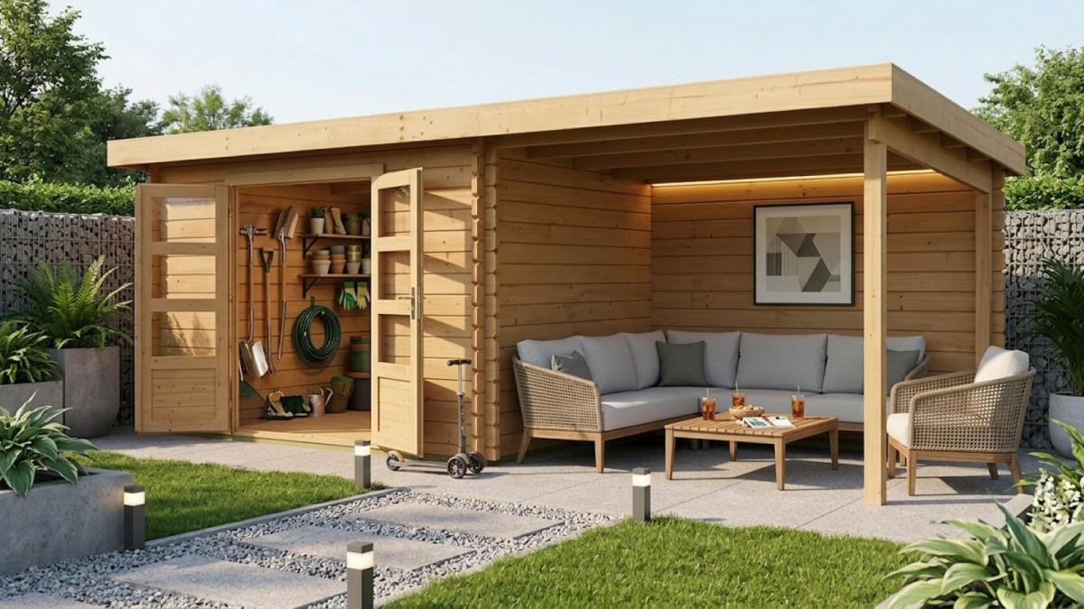 Dřevěný domek KARIBU BASTRUP 7 + přístavek 300 cm včetně zadní stěny (9314) natur LG3024