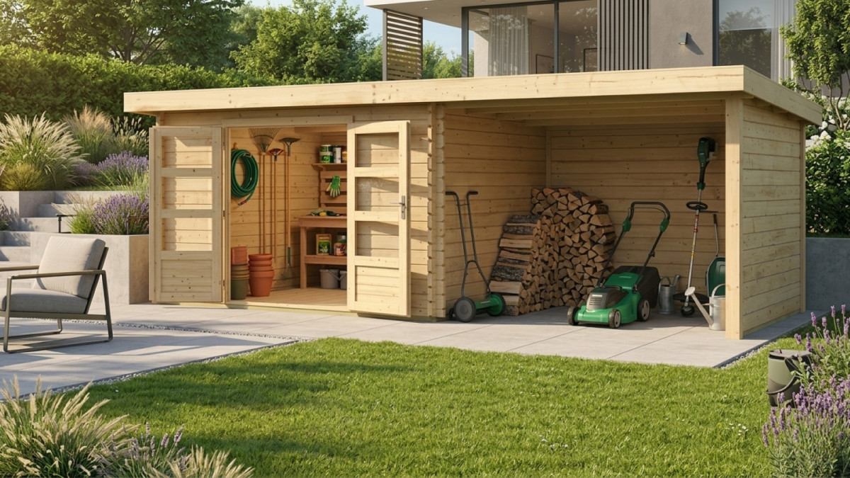 Dřevěný domek KARIBU BASTRUP 7 + přístavek 300 cm včetně zadní a boční stěny (73334) natur LG3027