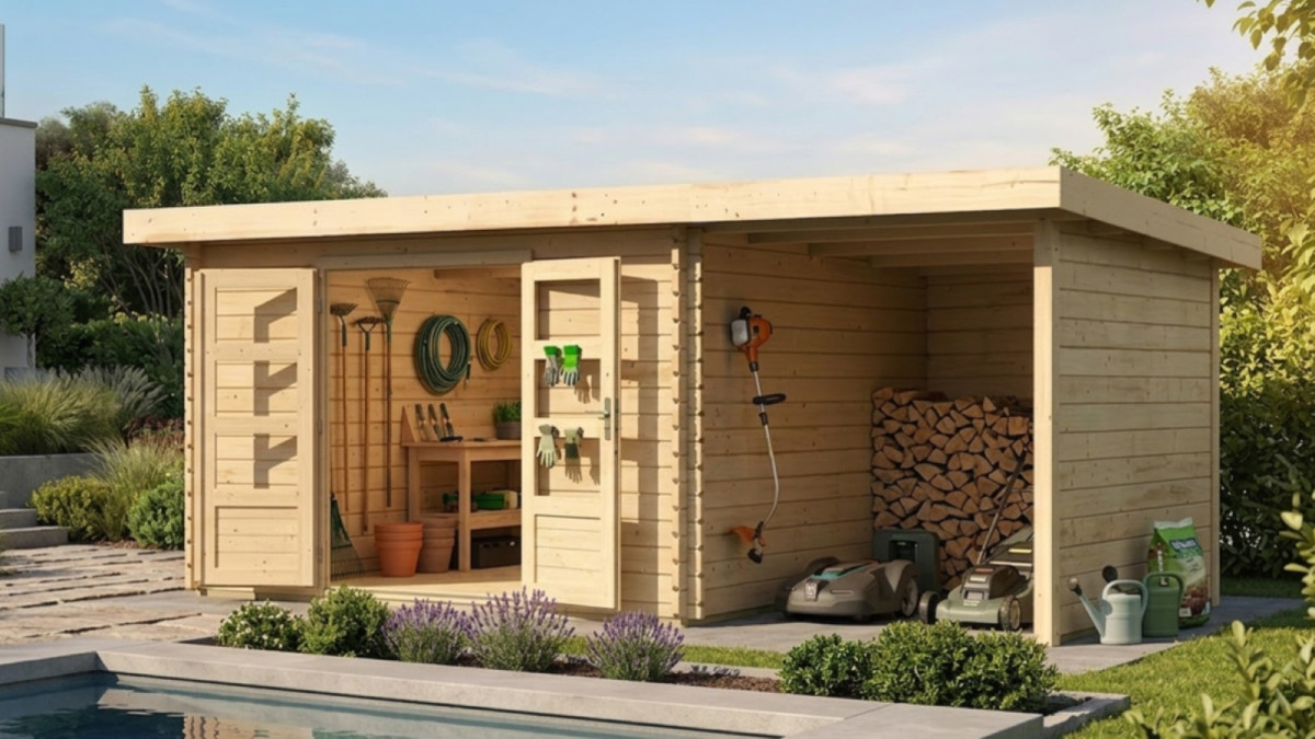 Dřevěný domek KARIBU BASTRUP 8 + přístavek 200cm včetně zadní a boční stěny (78676) natur LG3031