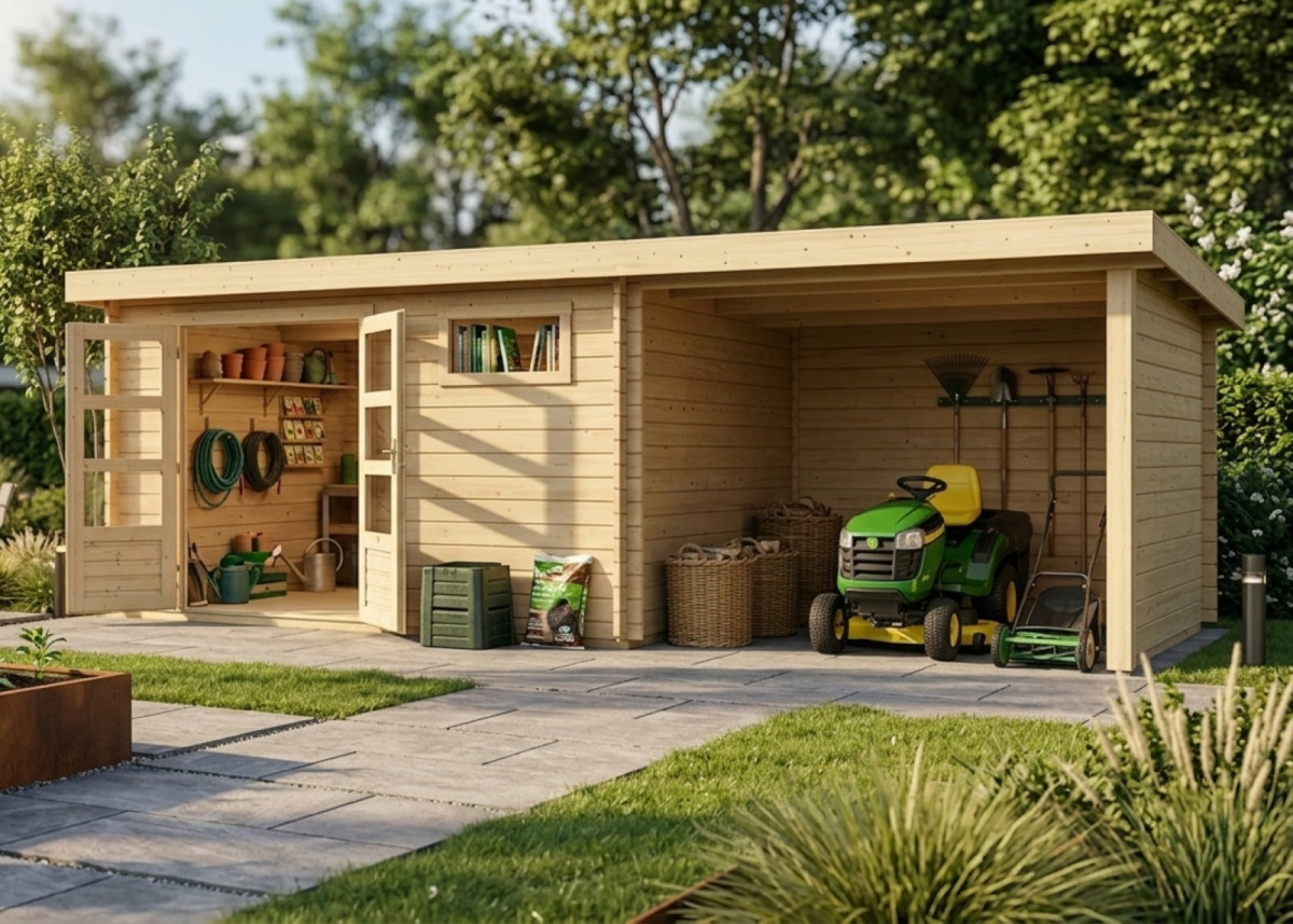 Dřevěný domek KARIBU BASTRUP 8 + přístavek 300cm včetně zadní a boční stěny (78677) natur LG3035
