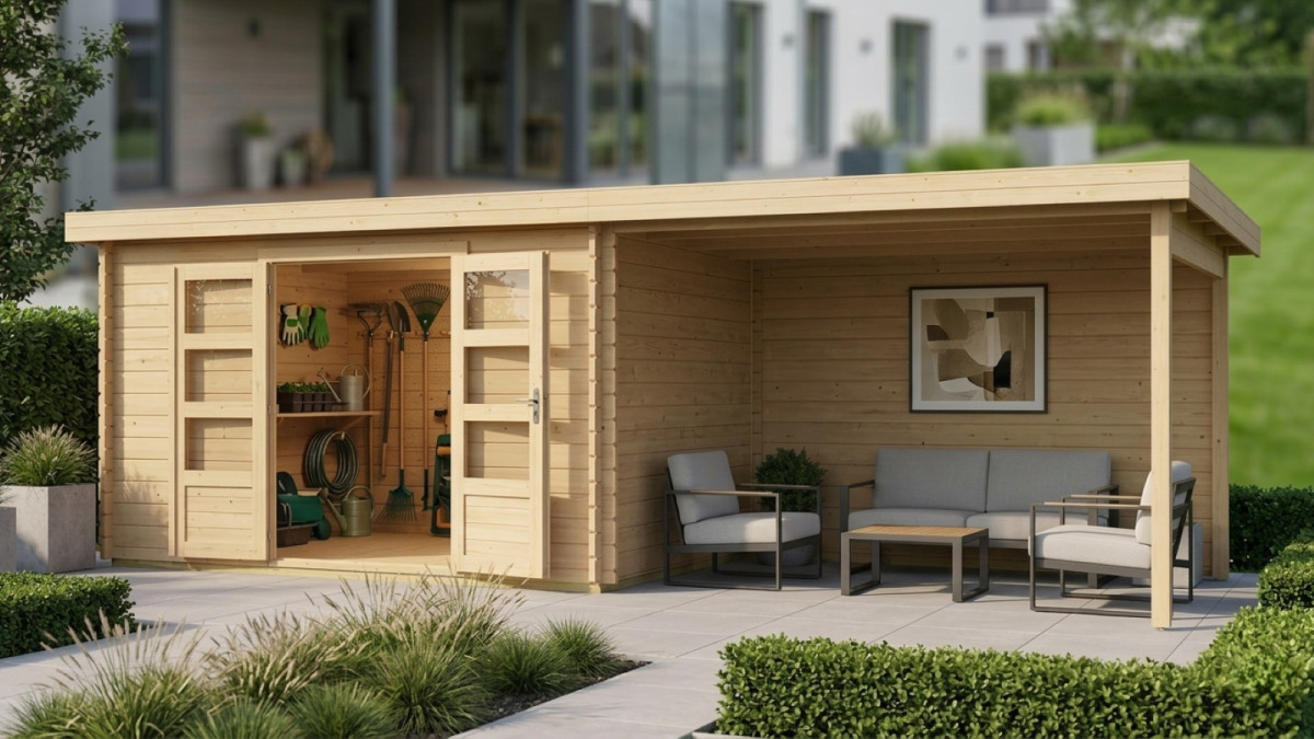 Dřevěný domek KARIBU BASTRUP 8 + přístavek 400cm včetně zadní stěny (9319) natur LG3036