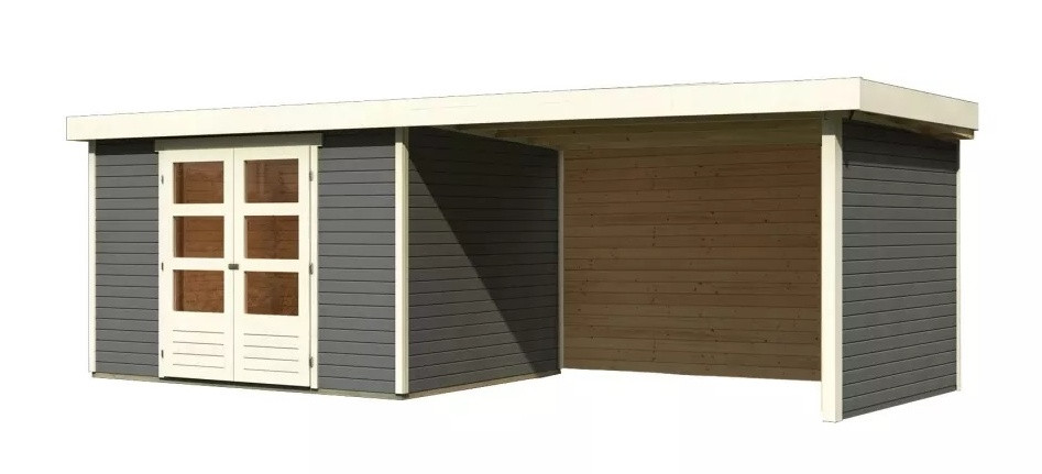 Dřevěný domek KARIBU ASKOLA 5 + přístavek 280 cm včetně zadní a boční stěny (9162) šedý LG3283