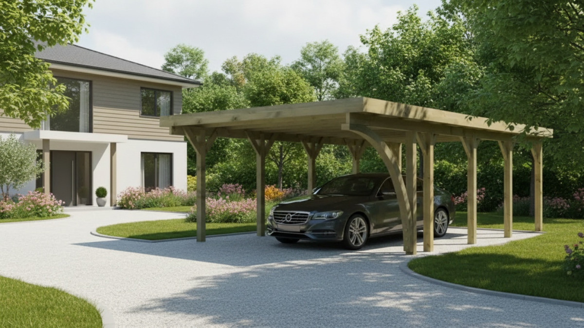 Carport KARIBU CLASSIC 3B 61971 ocelové střešní panely LG3358