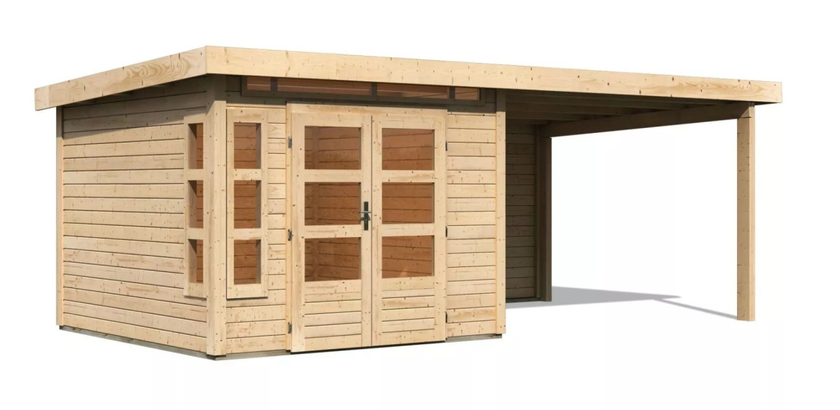 Dřevěný domek KARIBU KASTORF 6 + přístavek 320 cm včetně zadní stěny (31544) natur LG3577
