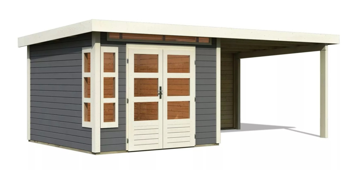 Dřevěný domek KARIBU KASTORF 6 + přístavek 320 cm včetně zadní stěny (31547) šedý LG3578