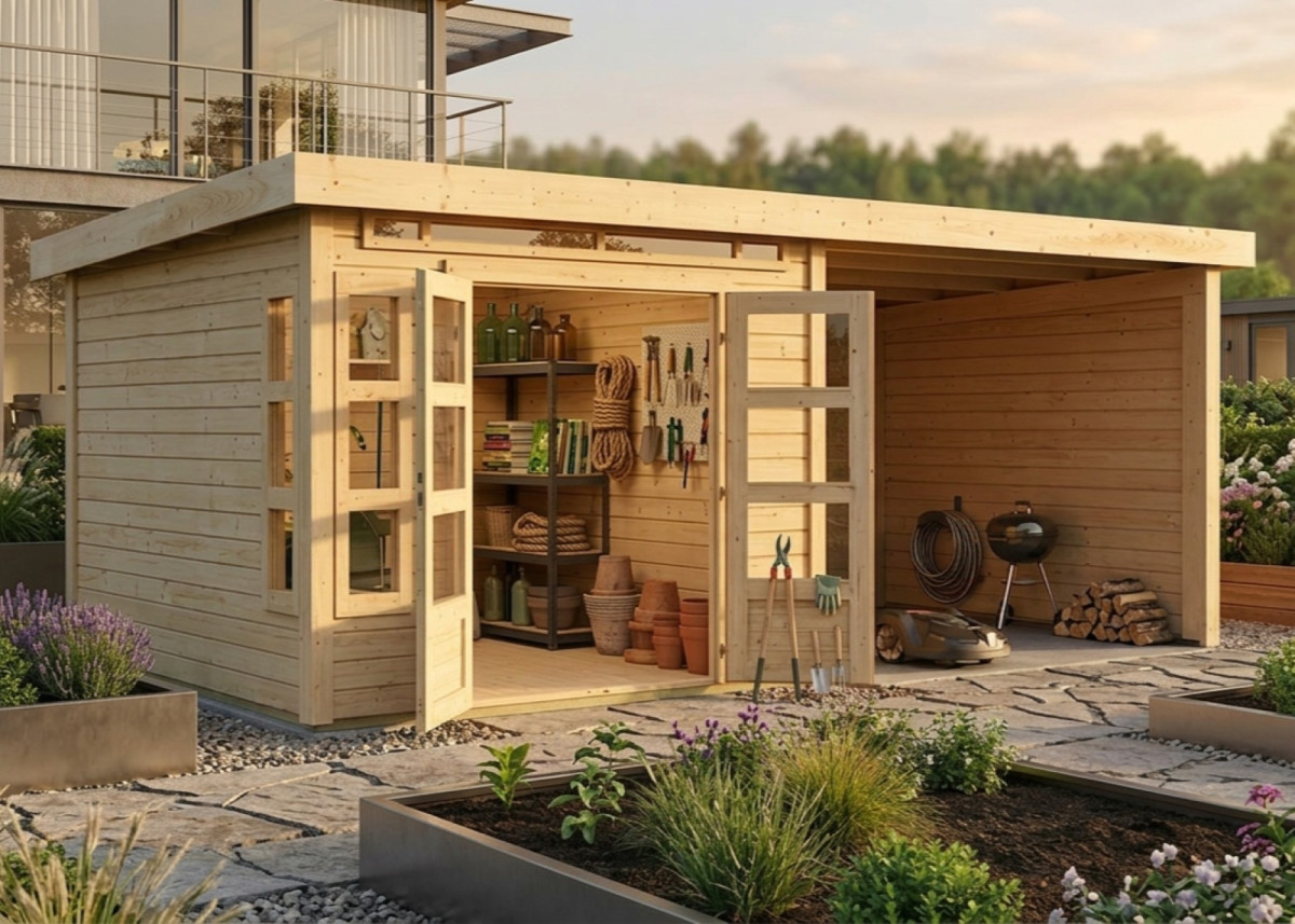 Dřevěný domek KARIBU KASTORF 6 + přístavek 320 cm včetně zadní a boční stěny (31548) natur LG3579