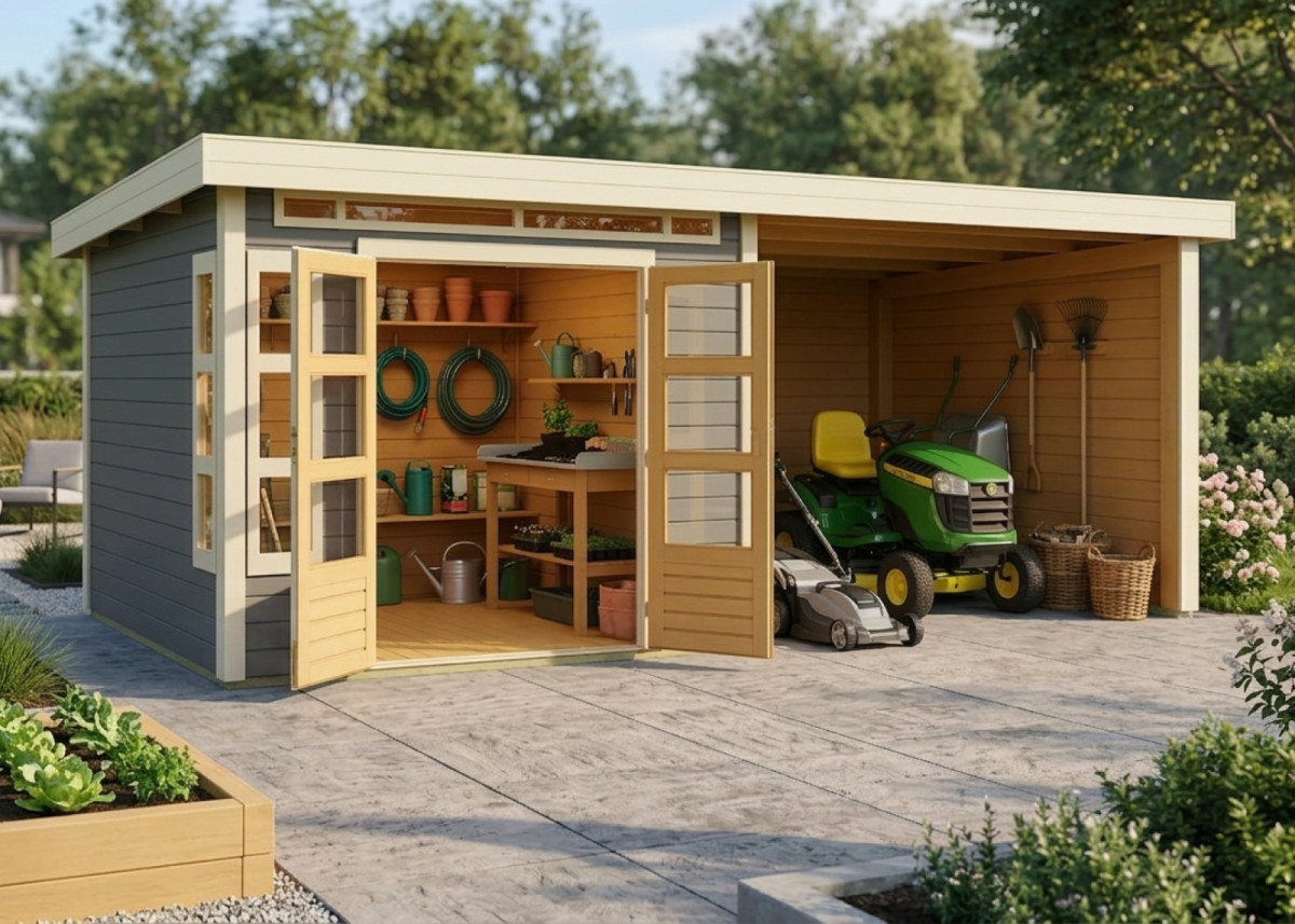 Dřevěný domek KARIBU KASTORF 6 + přístavek 320 cm včetně zadní a boční stěny (31549) šedý LG3580