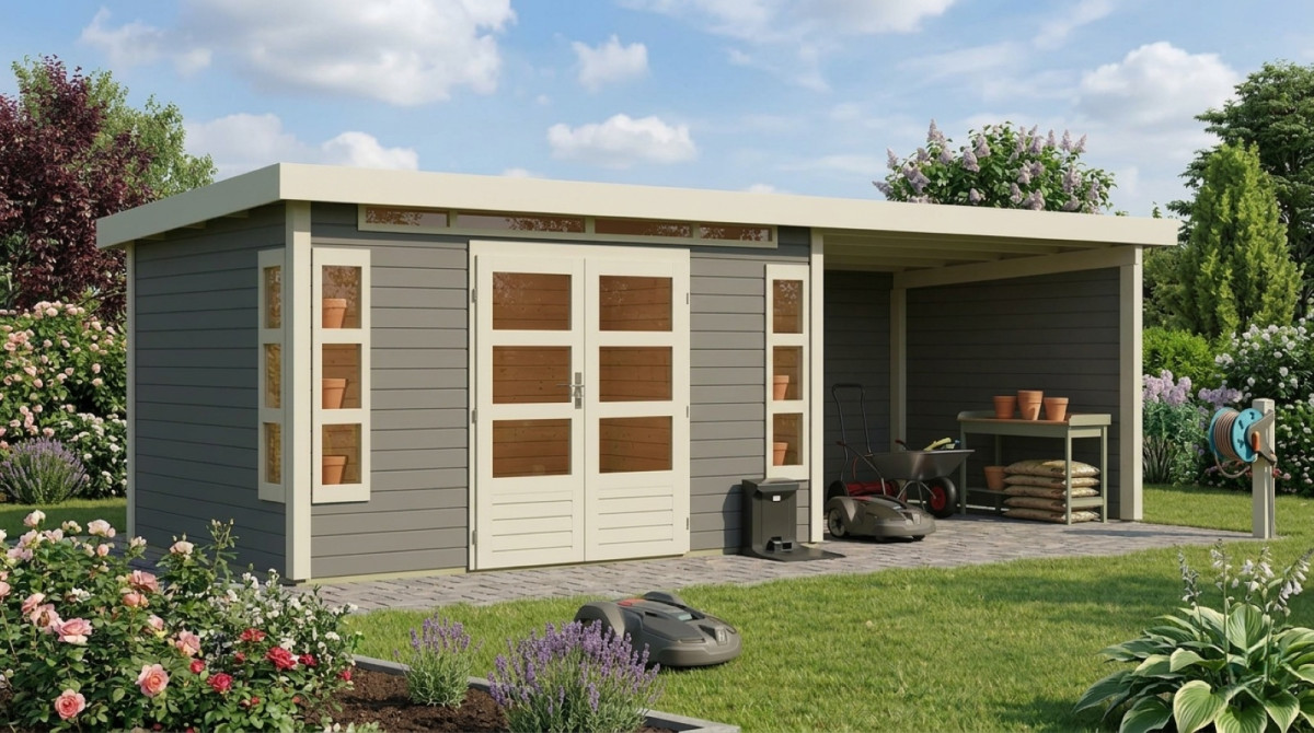 Dřevěný domek KARIBU KASTORF 7 + přístavek 320 cm včetně zadní a boční stěny (31561) terragrau LG3598