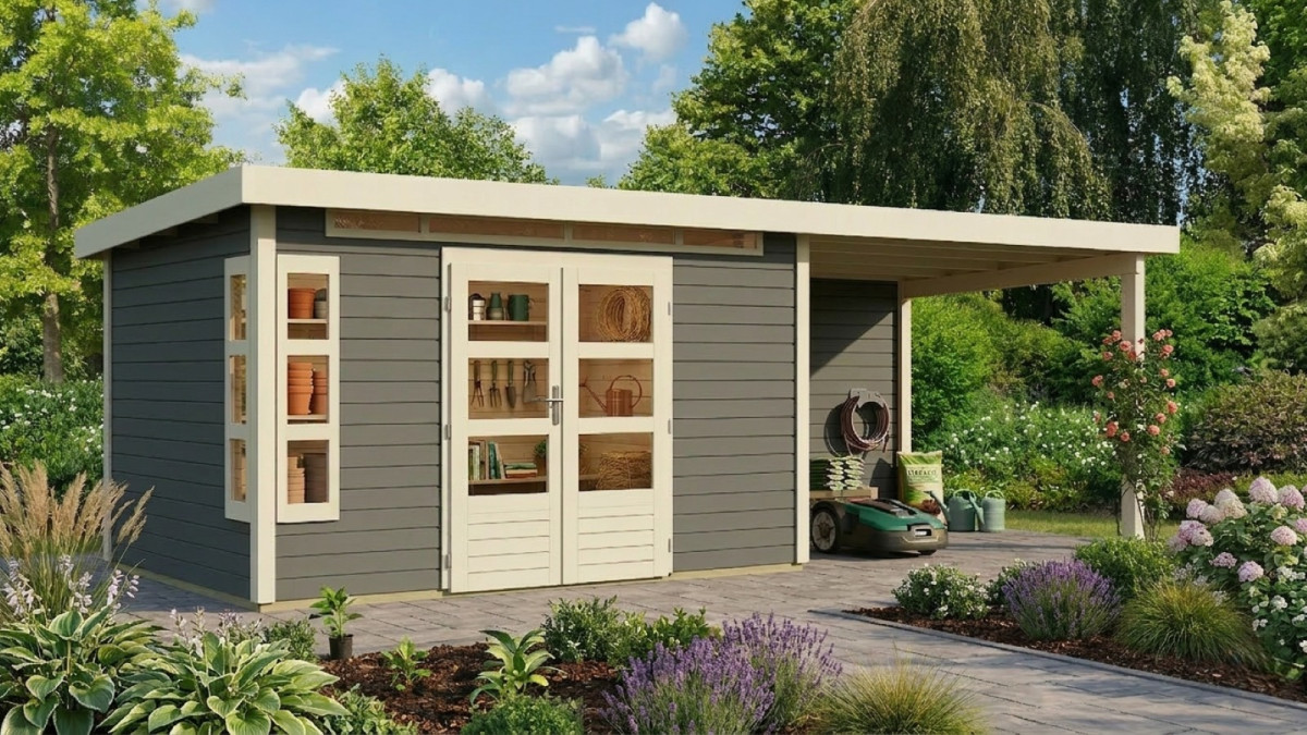 Dřevěný domek KARIBU KASTORF 7 + přístavek 320 cm včetně zadní stěny (31559) terragrau LG3596