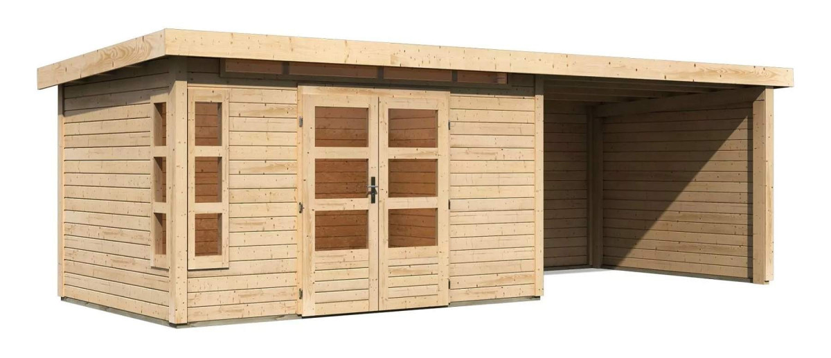 Dřevěný domek KARIBU KASTORF 7 + přístavek 320 cm včetně zadní a boční stěny (31560) natur LG3597