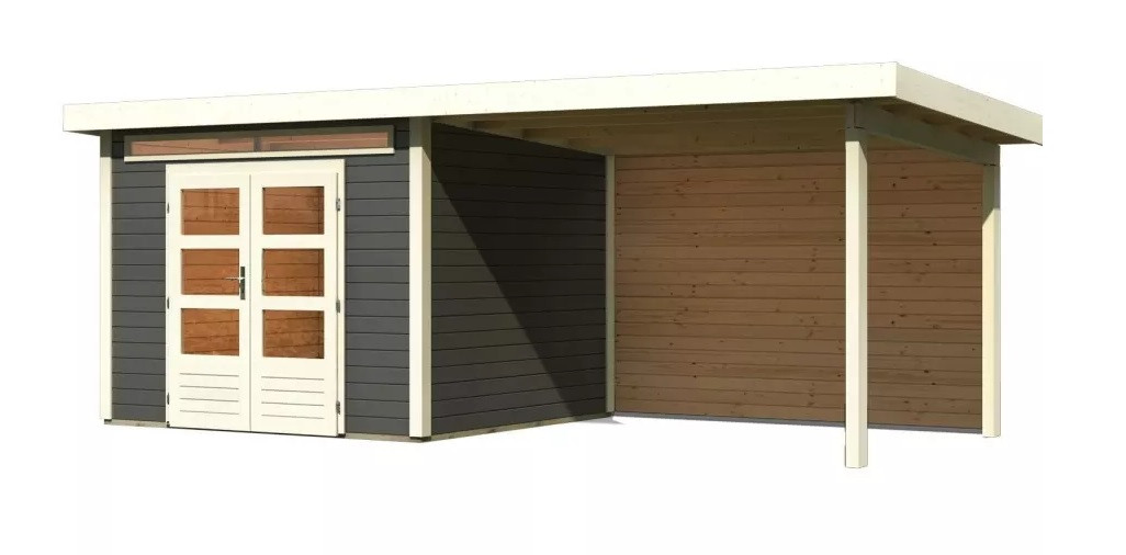 Dřevěný domek KARIBU KANDERN 6 + přístavek 320 cm včetně zadní stěny (9241) terragrau LG3617