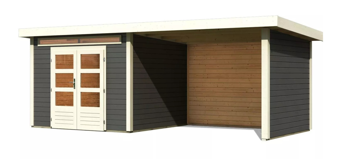 Dřevěný domek KARIBU KANDERN 6 + přístavek 320 cm včetně zadní a boční stěny (9242) terragrau LG3619
