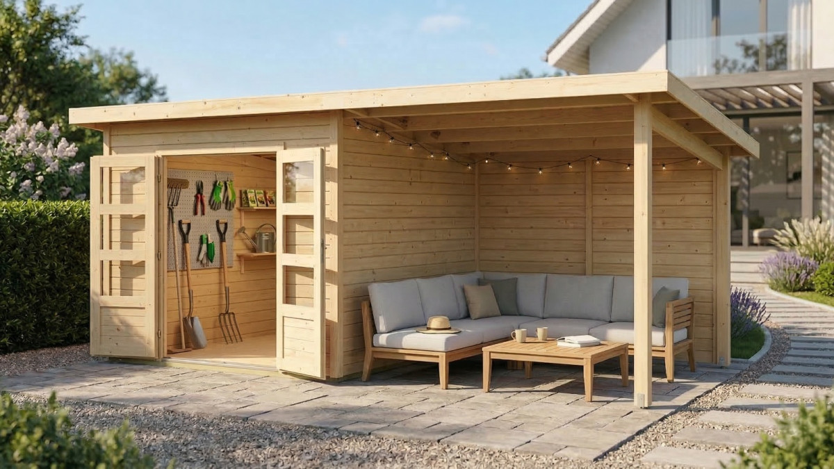 Dřevěný domek KARIBU NORTHEIM 3 + přístavek 330 cm včetně zadní stěny (9271) natur LG3854