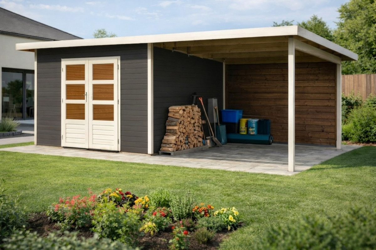Dřevěný domek KARIBU NORTHEIM 3 + přístavek 330 cm včetně zadní stěny (9272) terragrau LG3855