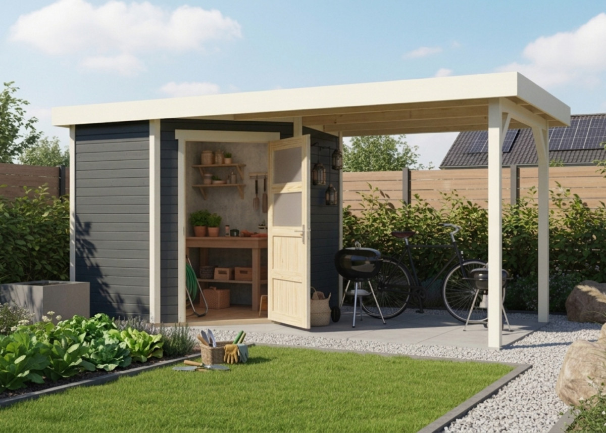 Dřevěný domek KARIBU SCHWANDORF 5 + přístavek 240 cm (77747) terragrau LG3907