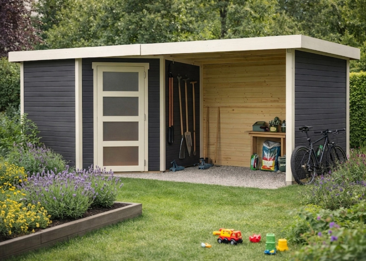 Dřevěný domek KARIBU SCHWANDORF 5 + přístavek 240 cm včetně zadní a boční stěny (77749) terragrau LG3911