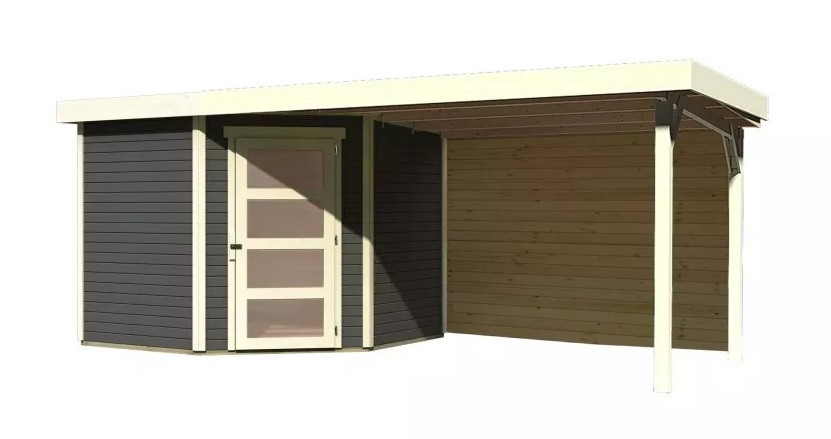 Dřevěný domek KARIBU SCHWANDORF 5 + přístavek 280 cm včetně zadní stěny (9219) terragrau LG3917