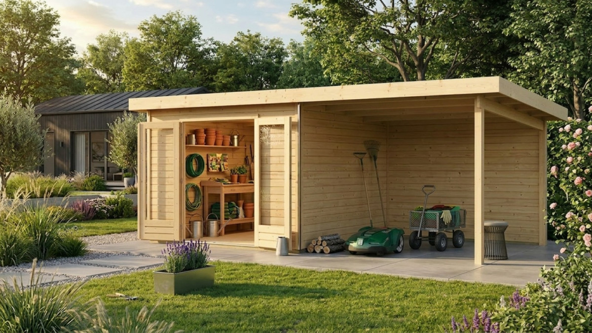 Dřevěný domek KARIBU RADEBURG 1 + přístavek 330 cm včetně zadní stěny (31472) natur LG3925