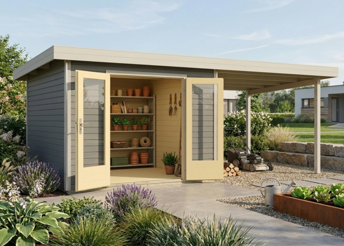 Dřevěný domek KARIBU RADEBURG 1 + přístavek 330 cm (31465) terragrau LG3924