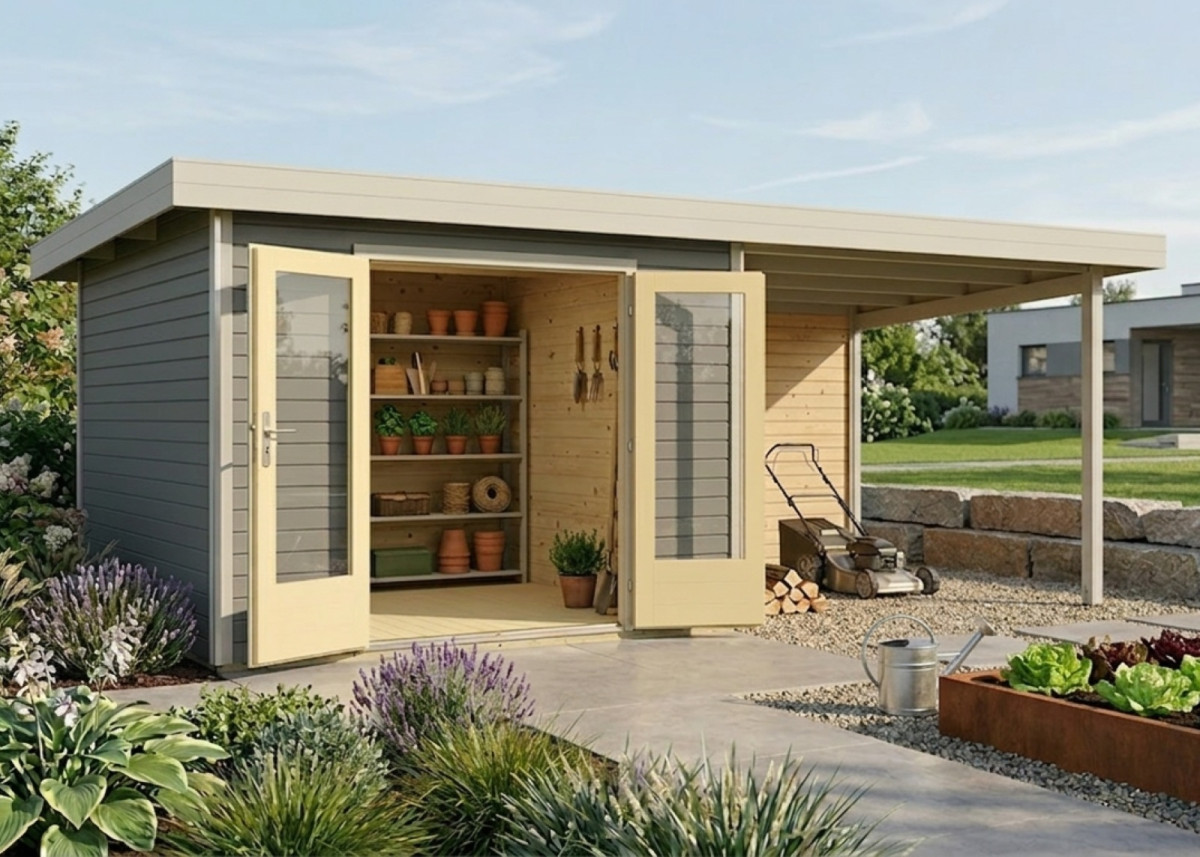 Dřevěný domek KARIBU RADEBURG 1 + přístavek 330 cm včetně zadní stěny (31474) terragrau LG3926