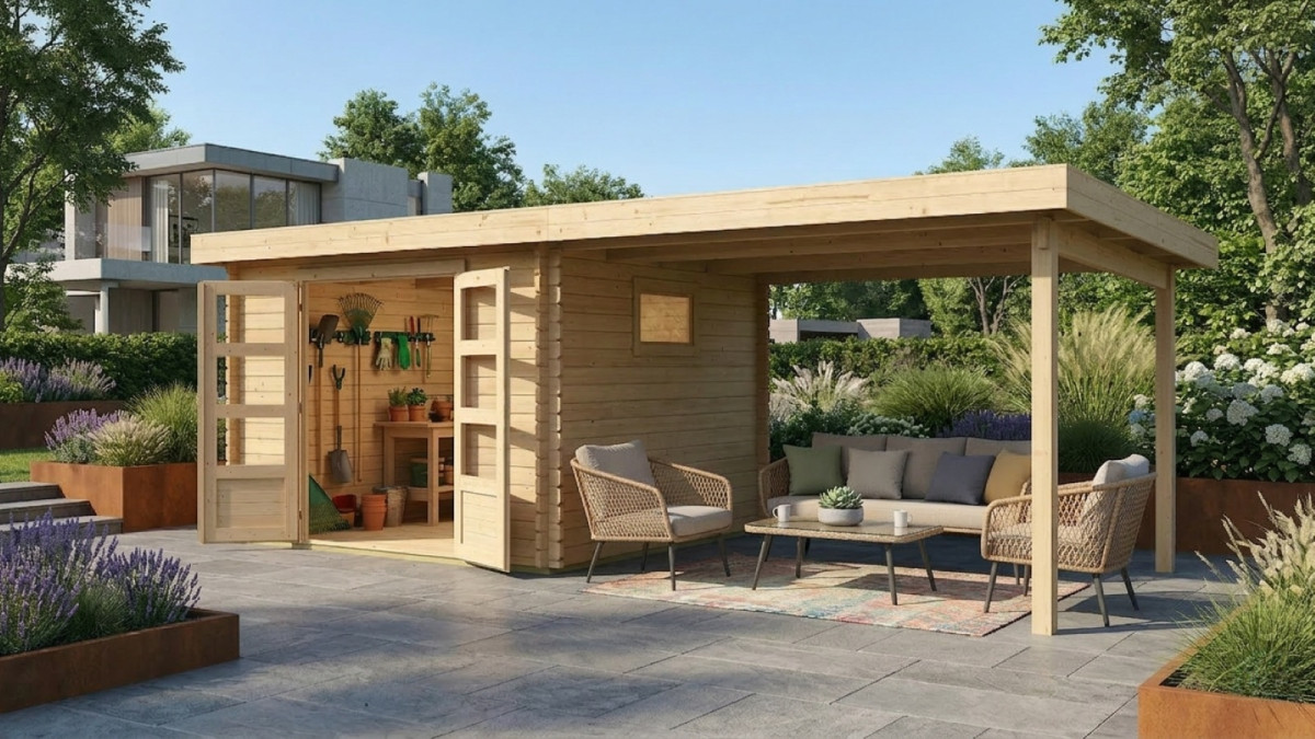 Dřevěný domek KARIBU TRITTAU 3 + přístavek 330 cm (10045) natur LG4169