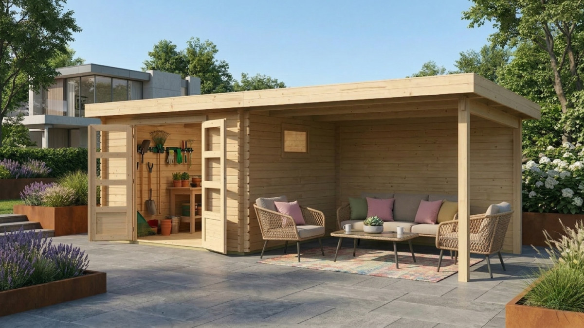 Dřevěný domek KARIBU TRITTAU 3 + přístavek 330 cm včetně zadní stěny (10047) natur LG4171