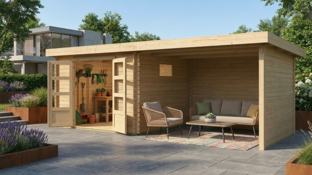 Dřevěný domek KARIBU TRITTAU 3 + přístavek 330 cm včetně zadní a boční stěny (10048) natur LG4173