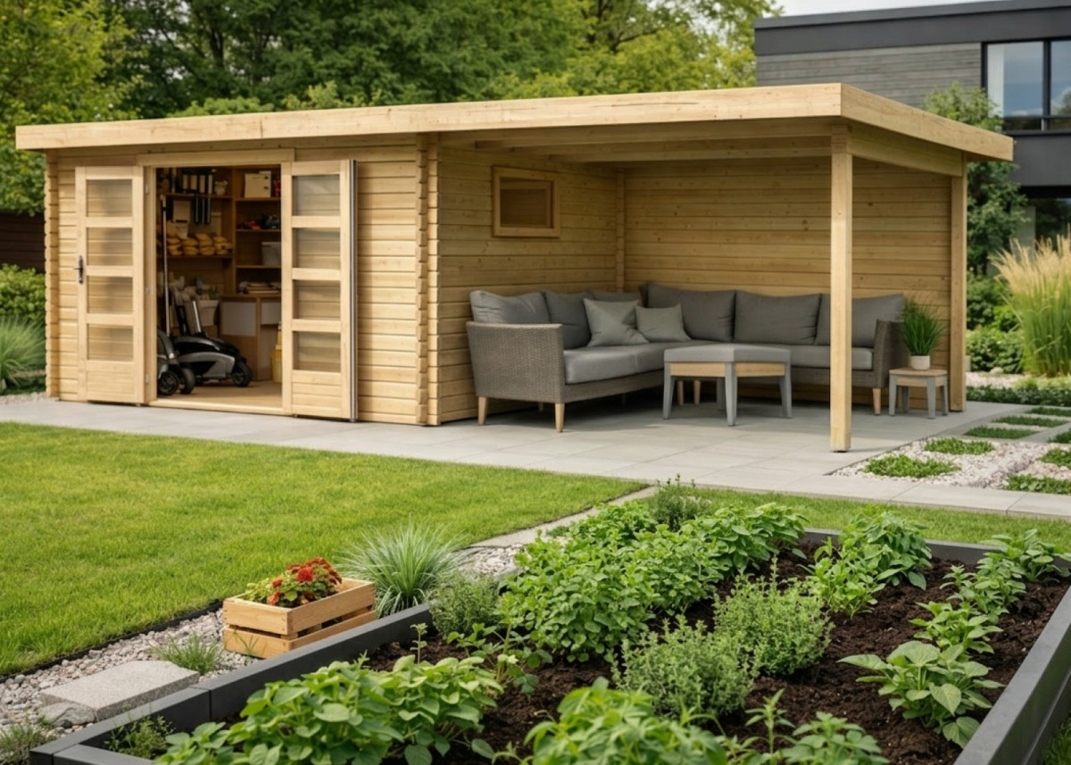Dřevěný domek KARIBU TRITTAU 5 + přístavek 330 cm včetně zadní stěny (10060) natur LG4194