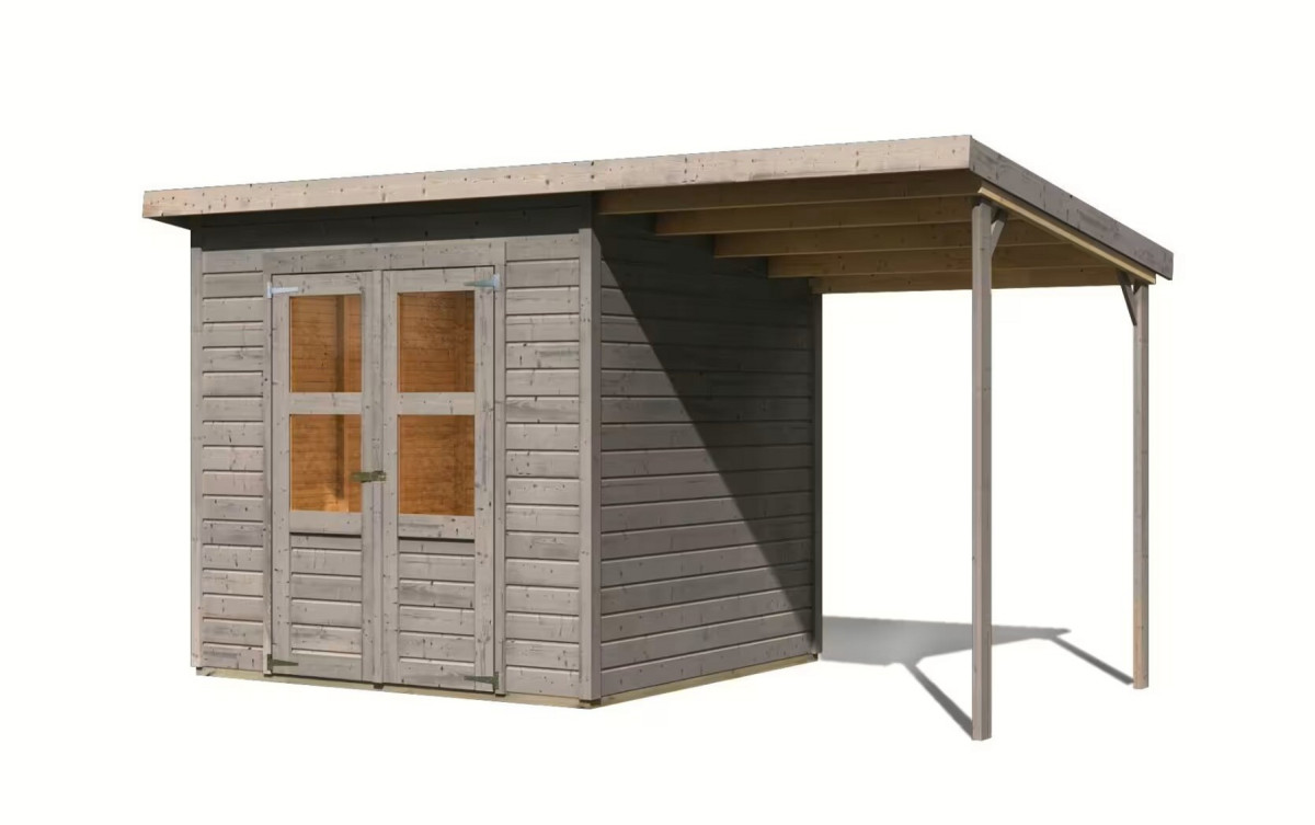 Dřevěný domek KARIBU MERSEBURG 4 + přístavek 166 cm (9563) světle šedý LG4437