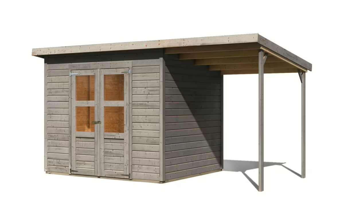 Dřevěný domek KARIBU MERSEBURG 5 + přístavek 166 cm (9603) světle šedý LG4439