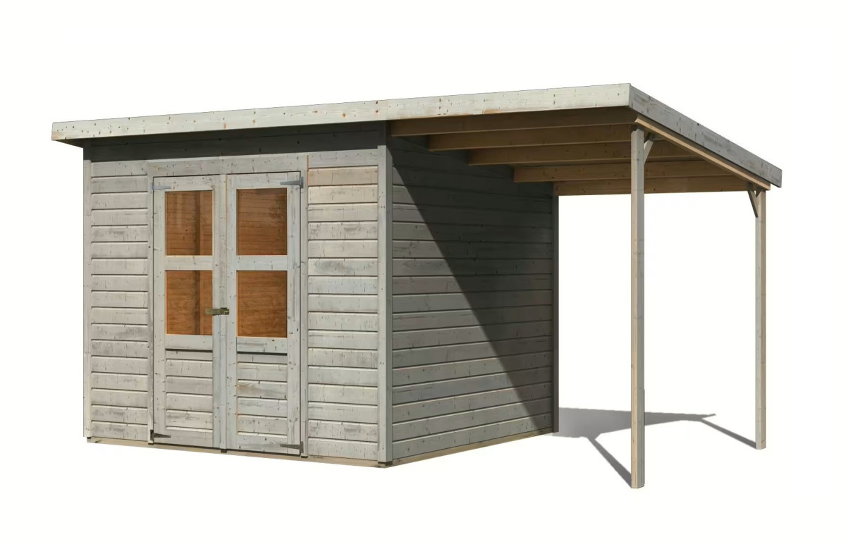 Dřevěný domek KARIBU MERSEBURG 6 + přístavek 166 cm (10248) světle šedý LG4441