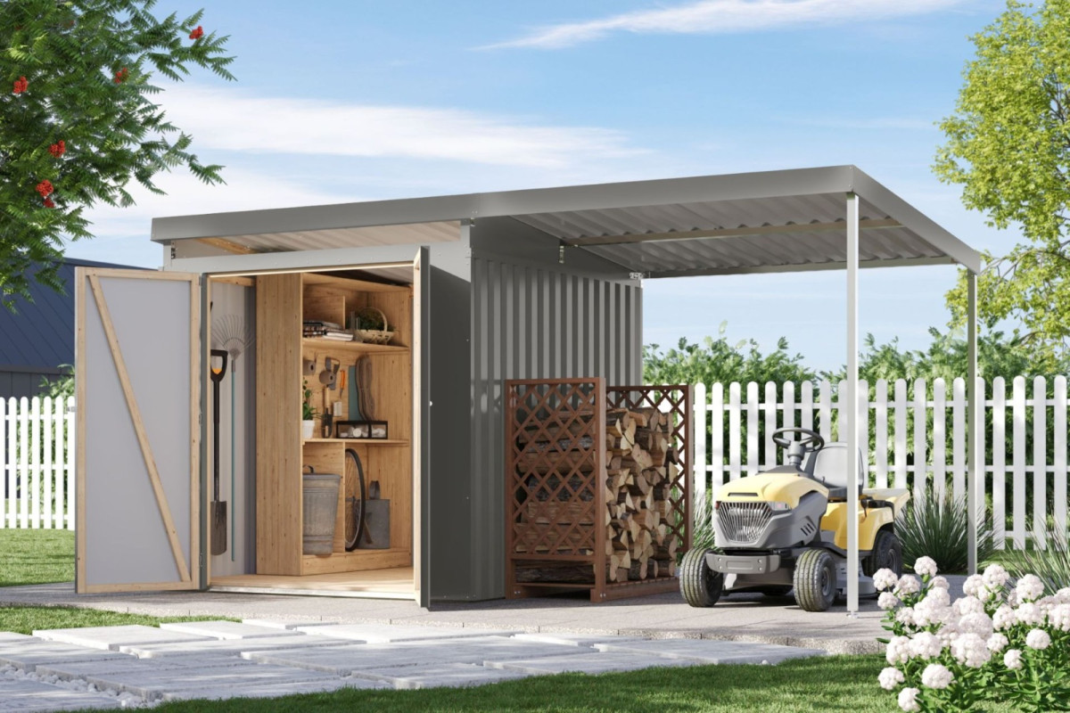 Plechový domek KARIBU IRIDIUM 2 + přístavek 200 cm (48468) šedý LG4805