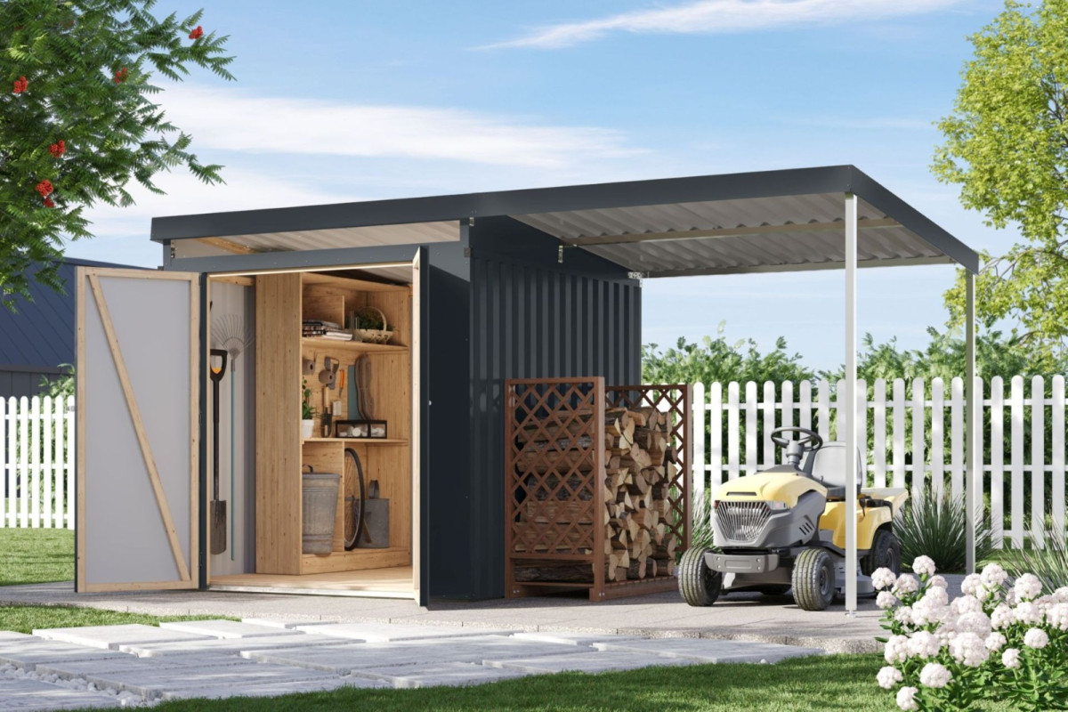 Plechový domek KARIBU IRIDIUM 2 + přístavek 200 cm (48471) antracit LG4806