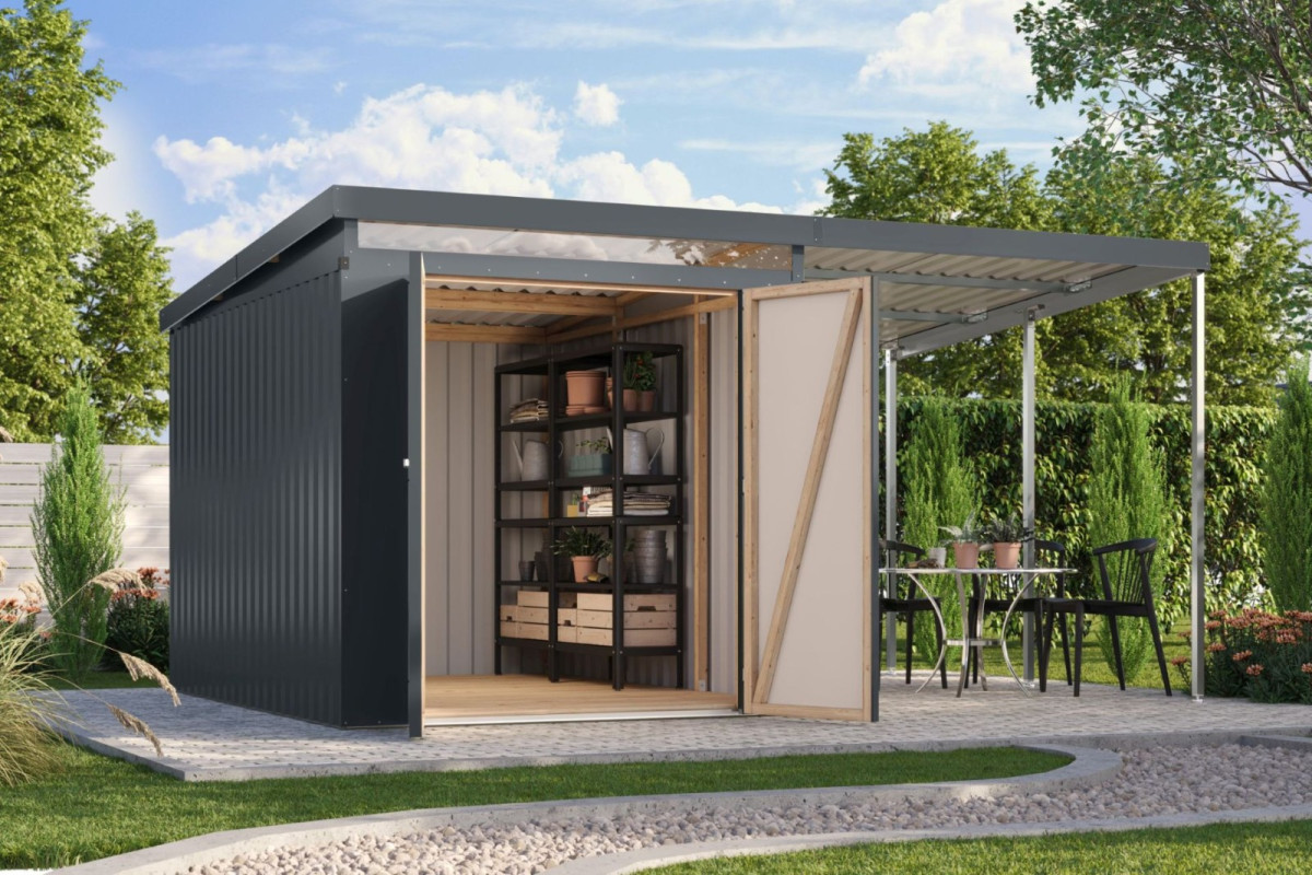 Plechový domek KARIBU IRIDIUM 2,5+ přístavek 200 cm (48487) antracit LG4809