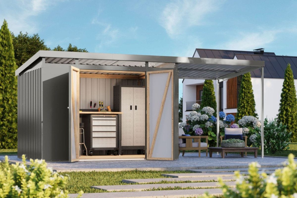 Plechový domek KARIBU IRIDIUM 3 + přístavek 200 cm (48489) šedý LG4810