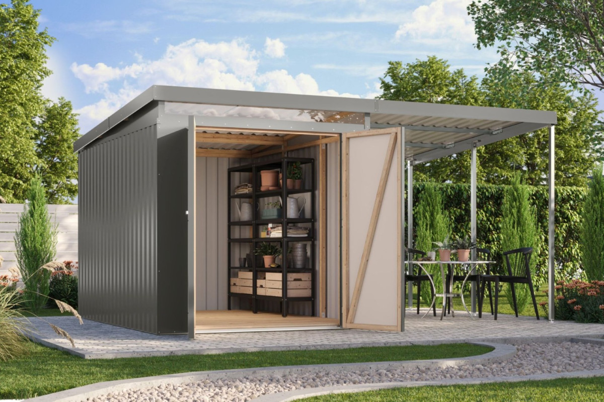 Plechový domek KARIBU IRIDIUM 2,5+ přístavek 200 cm (48472) šedý LG4814