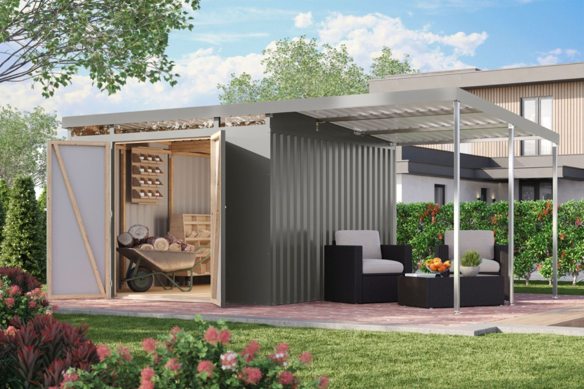 Plechový domek KARIBU IRIDIUM 3,5 + přístavek 200 cm (48498) šedý LG4818
