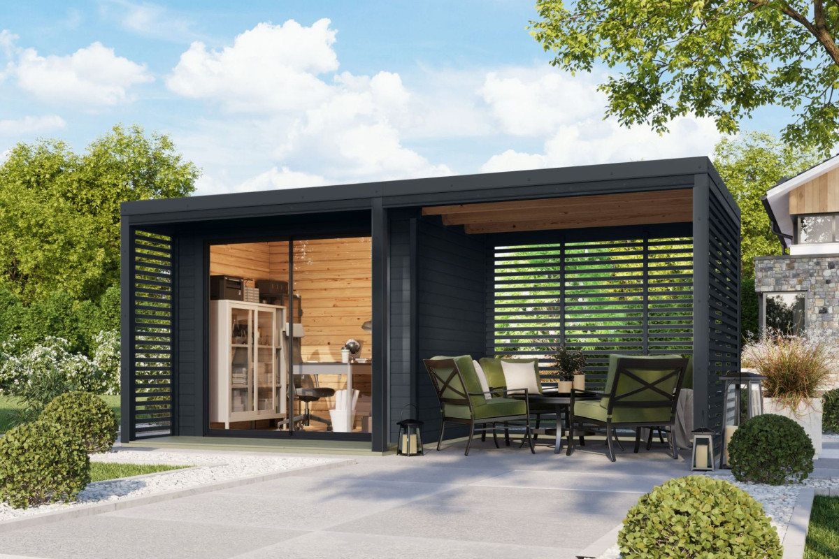 Hybridní domek KARIBU SATURN (66203) antracit + 253 cm přístavek včetně zadní a boční stěny LG4827