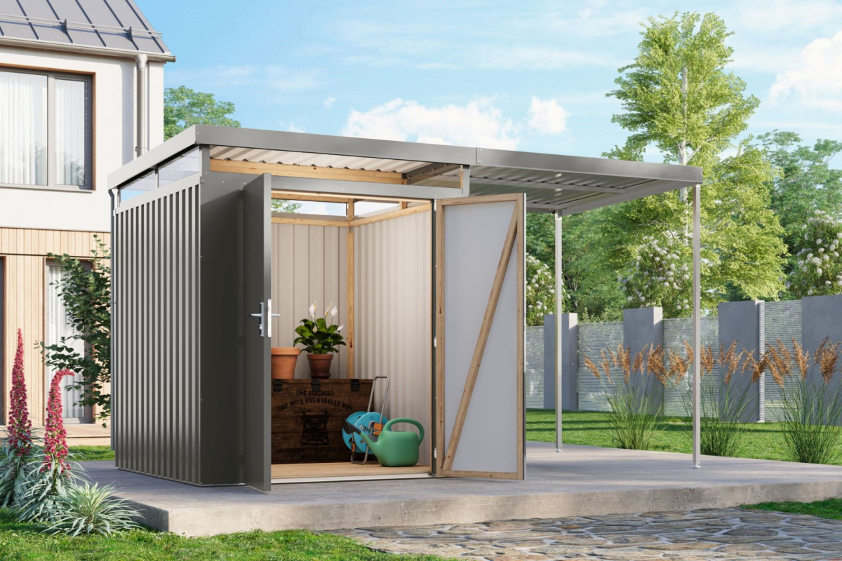 Plechový domek KARIBU AURUM 2 + přístavek 200 cm (53677) šedý LG4837